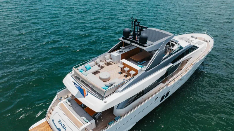Sasa Yacht Photos Pics Sanlorenzo SL86 2022 luxury yacht cruising on open water, featuring spacious deck and modern design.