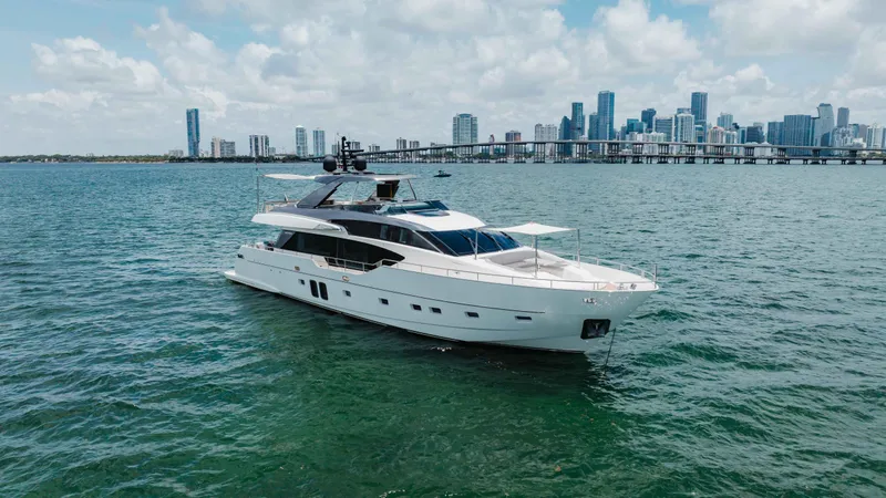 Sasa Yacht Photos Pics Luxury Sanlorenzo SL86 yacht cruising near city skyline, 2022 model.
