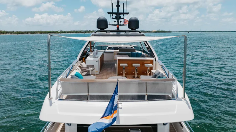 Sasa Yacht Photos Pics Sanlorenzo SL86 2022 yacht on open water, featuring spacious deck and modern design.