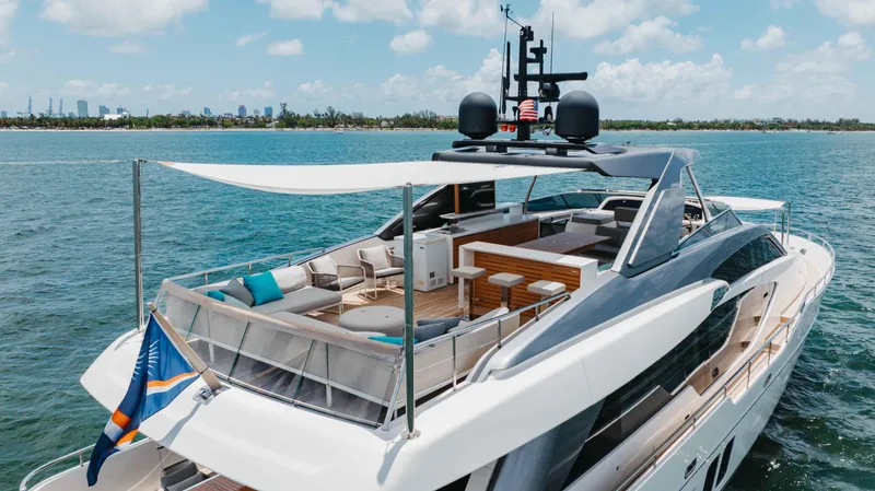 Sasa Yacht Photos Pics Sanlorenzo SL86 2022 luxury yacht on water, featuring spacious deck and modern design.