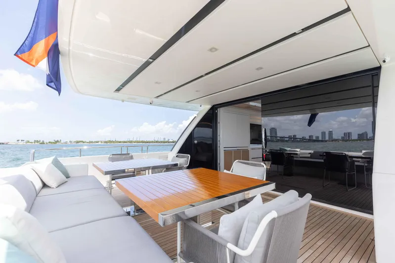 Sasa Yacht Photos Pics Luxurious 2022 Sanlorenzo SL86 yacht deck with elegant seating and ocean view.