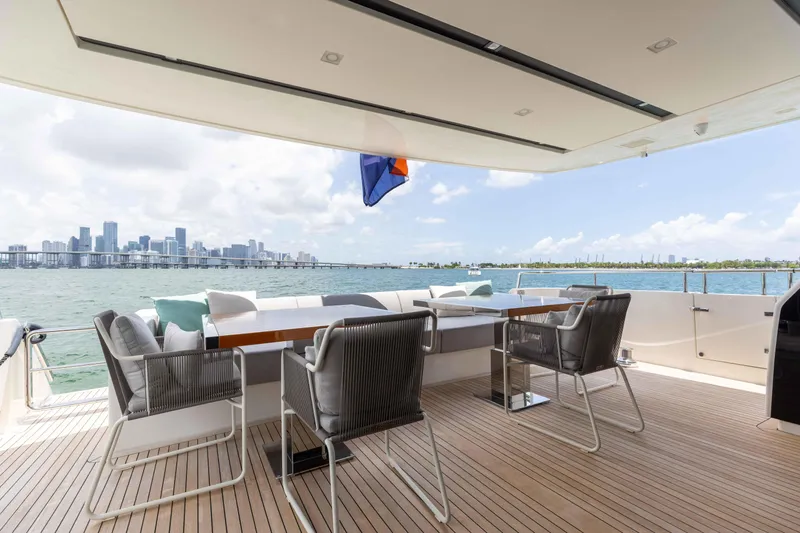 Sasa Yacht Photos Pics Luxury Sanlorenzo SL86 yacht deck with city skyline view, 2022 model.
