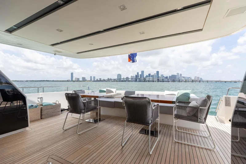 Sasa Yacht Photos Pics Luxurious 2022 Sanlorenzo SL86 yacht deck with city skyline view.