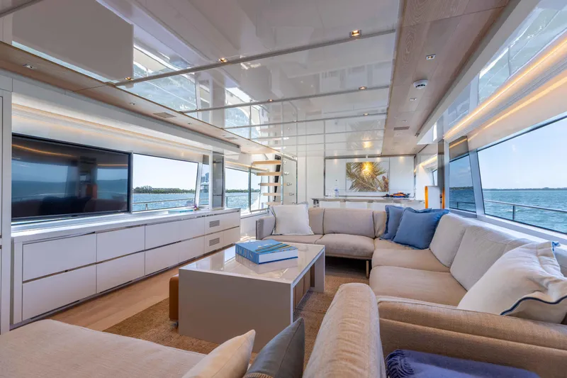 Sasa Yacht Photos Pics Luxurious interior of 2022 Sanlorenzo SL86 yacht with modern furnishings and ocean view.
