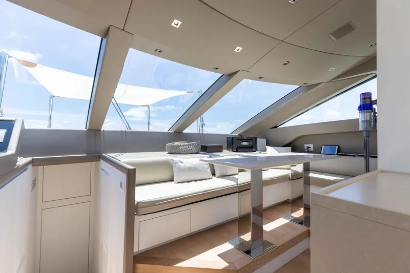 Sasa Yacht Photos Pics Luxurious interior of 2022 Sanlorenzo SL86 yacht with modern seating and panoramic windows.
