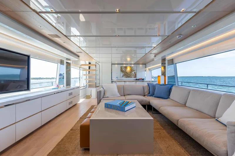 Sasa Yacht Photos Pics Luxurious interior of 2022 Sanlorenzo SL86 yacht with modern furnishings and ocean view.