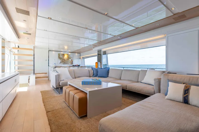 Sasa Yacht Photos Pics Luxurious interior of 2022 Sanlorenzo SL86 yacht with modern furnishings and ocean view.