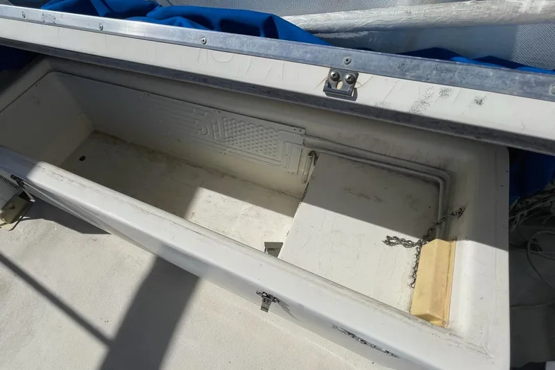 Freedom Yacht Photos Pics Open storage compartment on a 1976 Hatteras 48 Long Range Cruiser boat.