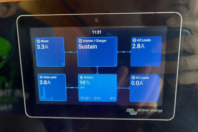Freedom Yacht Photos Pics Victron Energy display on 1976 Hatteras 48 Long Range Cruiser showing power status.