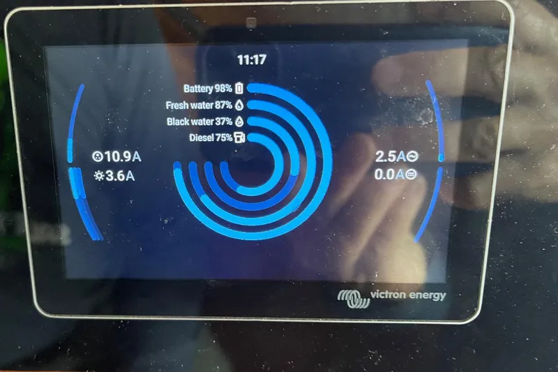 Freedom Yacht Photos Pics Victron Energy display showing battery and water levels on 1976 Hatteras 48 Long Range Cruiser.