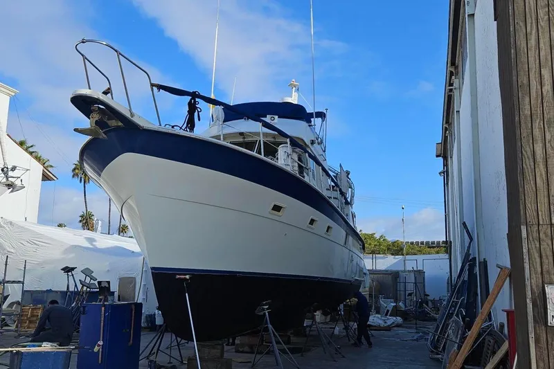 Freedom Yacht Photos Pics 1976 Hatteras 48 Long Range Cruiser in dry dock, undergoing maintenance.