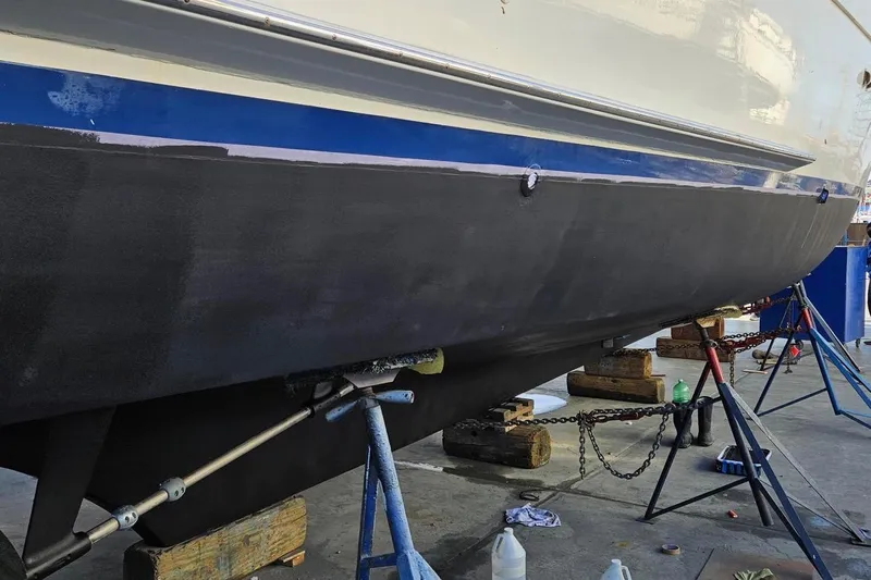 Freedom Yacht Photos Pics 1976 Hatteras 48 Long Range Cruiser undergoing maintenance on dry dock.