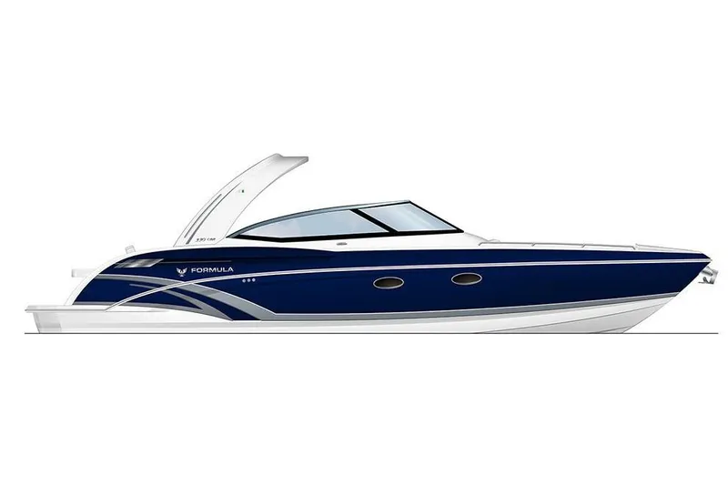  Yacht Photos Pics 2020 Formula 330 Crossover Bowrider, sleek blue and white luxury boat.