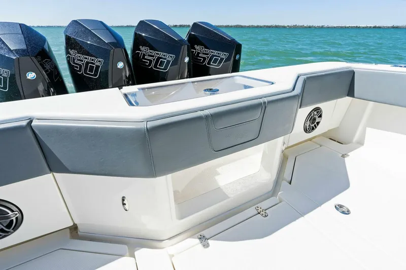  Yacht Photos Pics 2021 SeaVee 390Z boat with quad Mercury 450R outboard engines on the ocean.