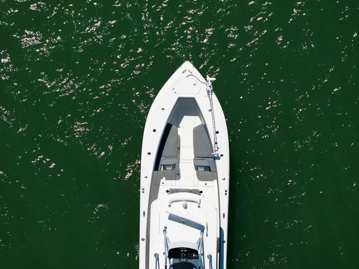  Yacht Photos Pics Aerial view of a 2021 SeaVee 390Z boat on green water.