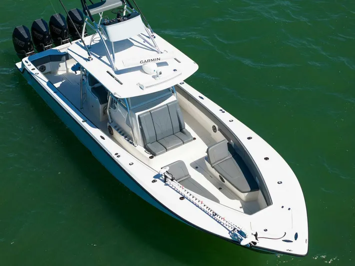  Yacht Photos Pics 2021 SeaVee 390Z boat on water, aerial view.