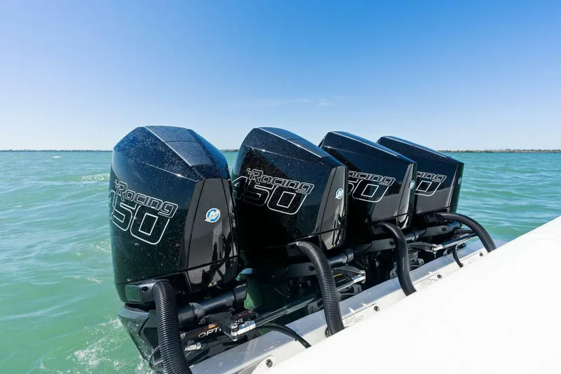  Yacht Photos Pics 2021 SeaVee 390Z with quad Mercury Racing 450 outboard engines on the water.