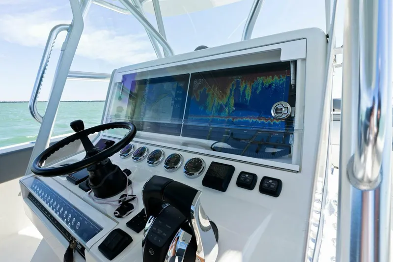  Yacht Photos Pics 2021 SeaVee 390Z boat dashboard with advanced navigation and control systems.