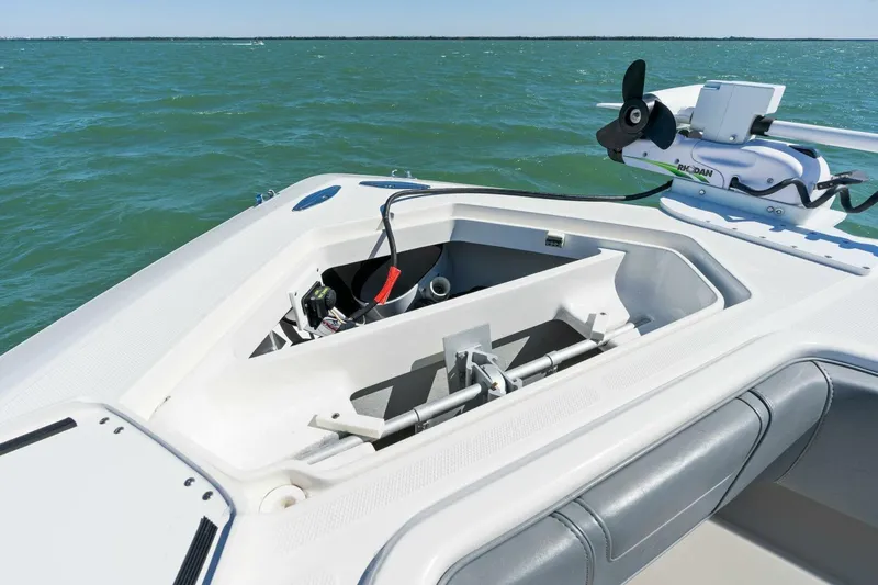  Yacht Photos Pics 2021 SeaVee 390Z boat with open storage compartment on the deck.