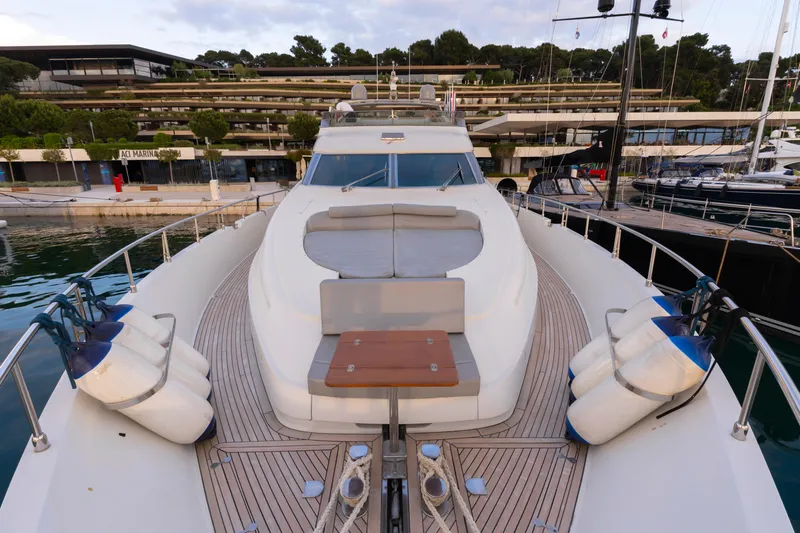 Cool Running Yacht Photos Pics Luxury Mochi Craft 22.5 Axis yacht, 2003 model, docked at marina with scenic backdrop.