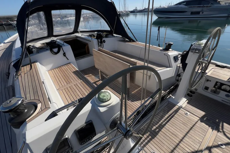 Yacht Photos Pics Grand Soleil 50 yacht cockpit, 2012 model, featuring dual steering wheels and teak decking.