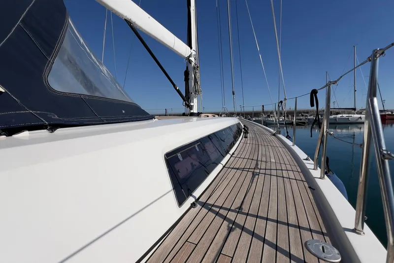  Yacht Photos Pics 2012 Grand Soleil 50 yacht deck with sleek design and clear blue sky.