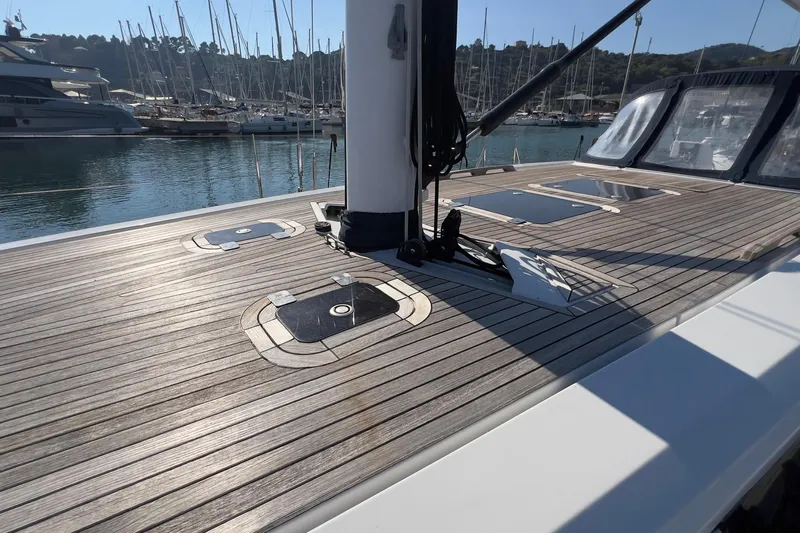  Yacht Photos Pics Deck of 2012 Grand Soleil 50 yacht in marina, showcasing sleek design and craftsmanship.