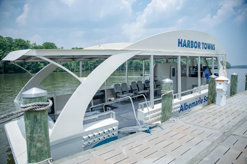 Penelope Yacht Photos Pics 2023 Smoky Mountain asymmetrical foil-assisted catamaran docked by a river under a cloudy sky.
