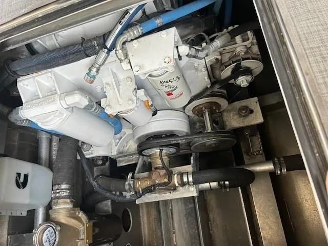 Penelope Yacht Photos Pics Engine compartment of 2023 Smoky Mountain asymmetrical foil assisted catamaran, showcasing mechanical components.