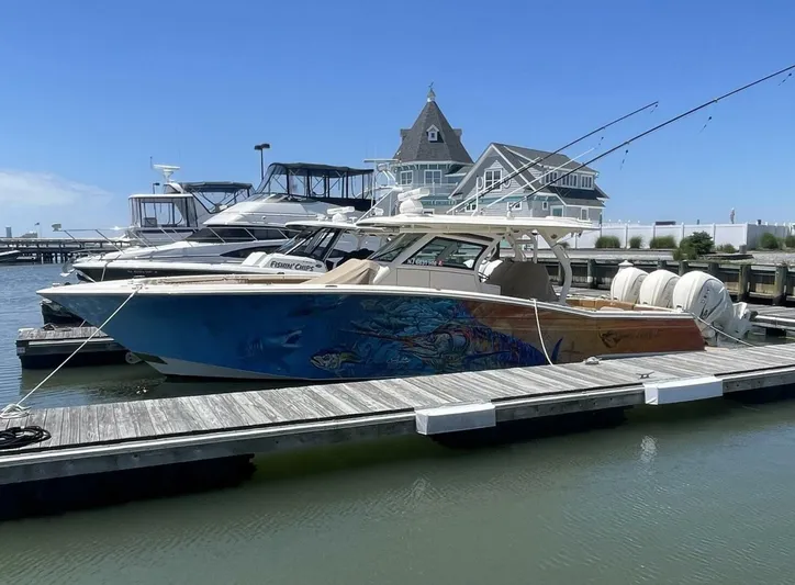 Shady Lady 2 Yacht Photos Pics 2019 Scout 380LXF boat docked with artistic design.