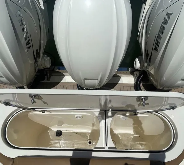 Shady Lady 2 Yacht Photos Pics Scout 380LXF 2019 with Yamaha engines and open storage compartment.