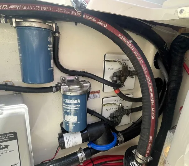 Shady Lady 2 Yacht Photos Pics 2019 Scout 380LXF engine compartment with Yamaha filters.