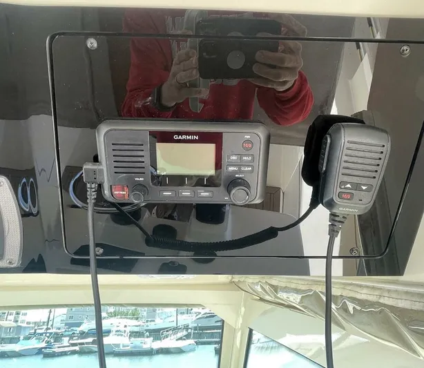 Shady Lady 2 Yacht Photos Pics Garmin radio on 2019 Scout 380LXF boat dashboard.