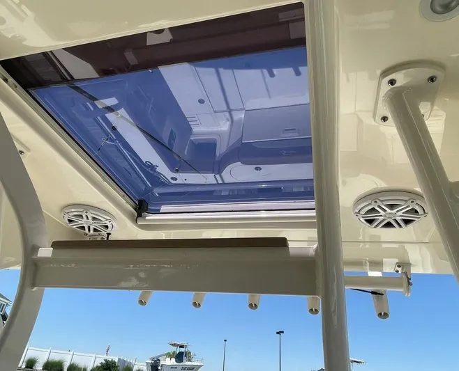 Shady Lady 2 Yacht Photos Pics 2019 Scout 380LXF boat interior with speakers and hatch.