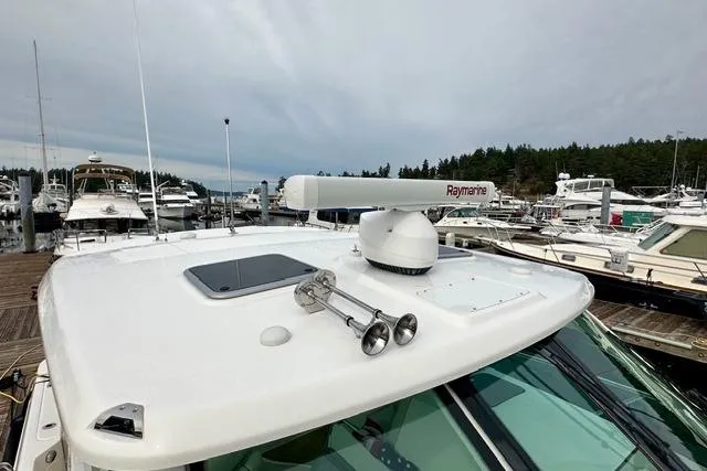  Yacht Photos Pics 2021 Boston Whaler 345 Conquest Pilothouse with Raymarine radar at marina.