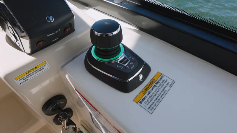 Salt Yacht Photos Pics Joystick control on a 2023 Boston Whaler 325 Conquest boat.