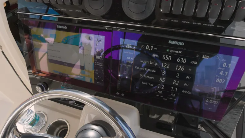 Salt Yacht Photos Pics Dashboard of 2023 Boston Whaler 325 Conquest with Simrad displays.