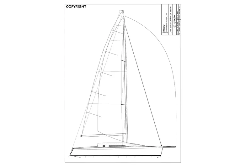 Ace Yacht Photos Pics Line drawing of a 2001 Farr 395 sailboat, showcasing its sleek design and sail configuration.