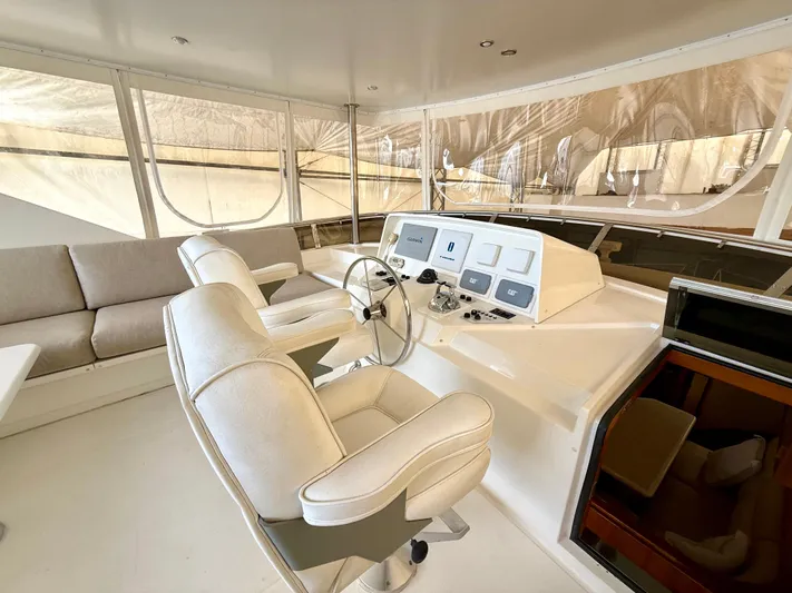  Yacht Photos Pics Luxurious 2001 West Bay Sonship 58 Pilothouse interior with helm and seating area.
