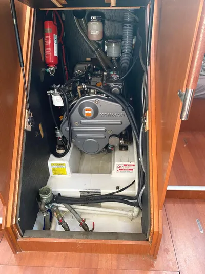  Yacht Photos Pics Engine compartment of 2014 Beneteau Oceanis 45 sailboat, featuring a Yanmar engine.