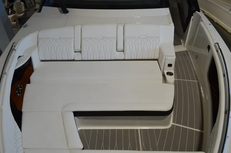  Yacht Photos Pics 2023 Sea Ray DAO 370 boat interior with white seating and sleek design.