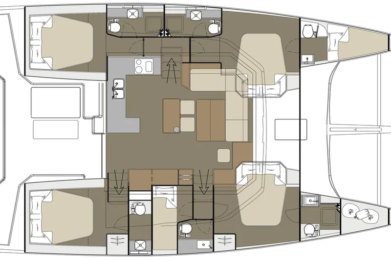  Yacht Photos Pics Floor plan of a 2020 Dufour Catamarans 48, featuring spacious cabins and living areas.