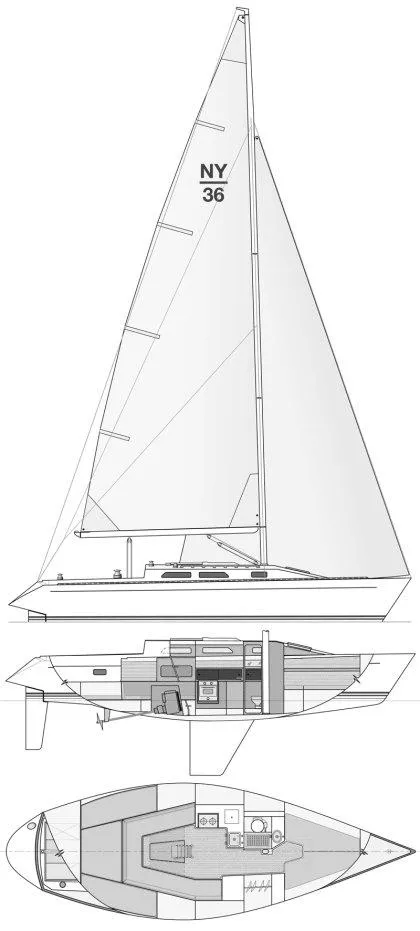 Schock NY 36 sailboat design, 1982, side and interior view.
