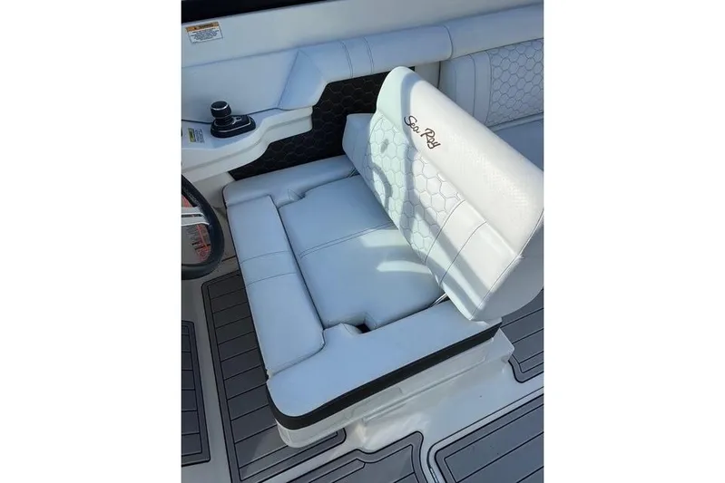  Yacht Photos Pics 2019 Sea Ray SDX 290 Outboard boat seat with white upholstery and cup holder.