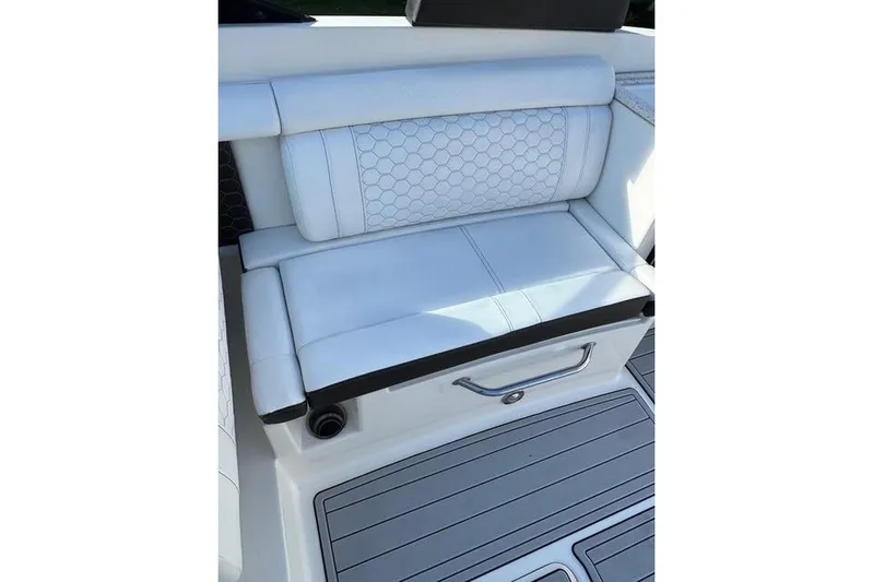  Yacht Photos Pics 2019 Sea Ray SDX 290 Outboard boat seat with white upholstery and hexagonal pattern.