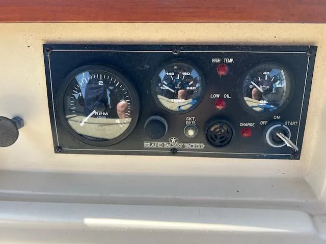  Yacht Photos Pics Control panel of a 1999 Island Packet 380 yacht with gauges and switches.