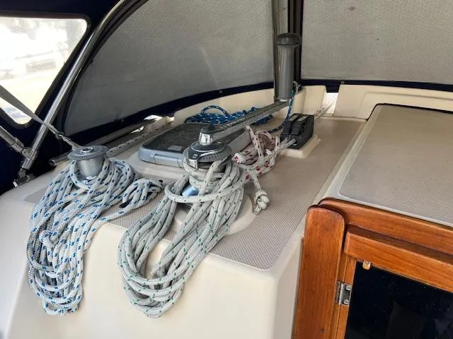  Yacht Photos Pics Sailing equipment on 1999 Island Packet 380 yacht deck, featuring ropes and winches.