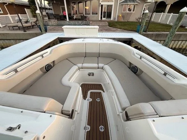  Yacht Photos Pics Interior view of a 2017 Boston Whaler 320 Vantage boat at dock.