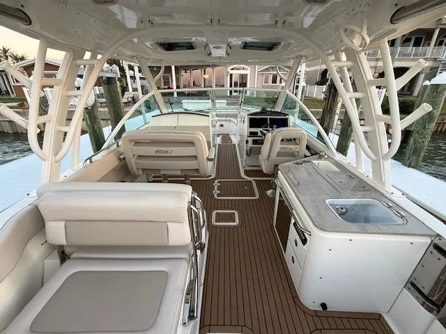  Yacht Photos Pics Interior view of a 2017 Boston Whaler 320 Vantage boat at dock.