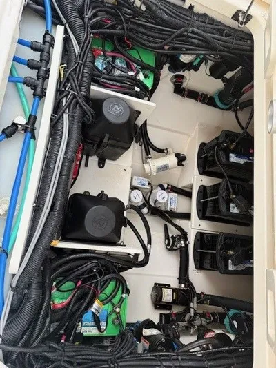  Yacht Photos Pics Engine compartment of 2017 Boston Whaler 320 Vantage with wiring and batteries.